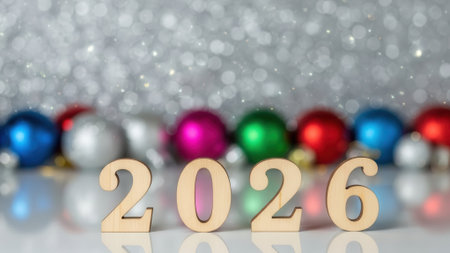 The year 2026 in wooden numerals stands before a festive backdrop of blurred colorful Christmas ornaments and a sparkling silver bokeh glitter background for a New Year celebration.の素材