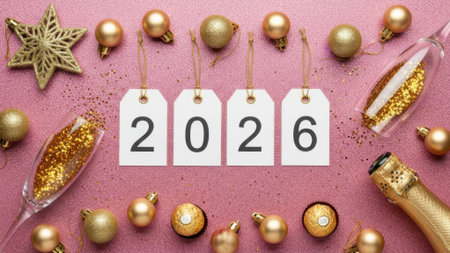 Top view flat lay of 2026 numbers on tags surrounded by golden Christmas baubles, a star, champagne, and confetti on a festive pink background.の素材