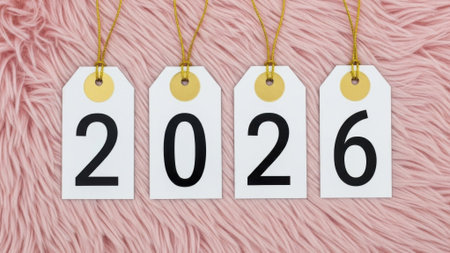 Close up of the number 2026 written on four separate white paper tags. The tags are hanging from golden strings against a fluffy pink faux fur texture. New Year concept.の素材