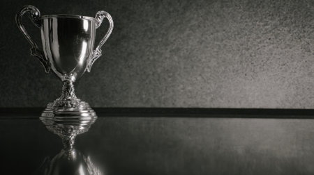 A close-up shot of a gleaming silver trophy with two handles, set against a textured dark background. The trophy is reflected in the glossy surface below, creating a dramatic and elegant composition.の素材