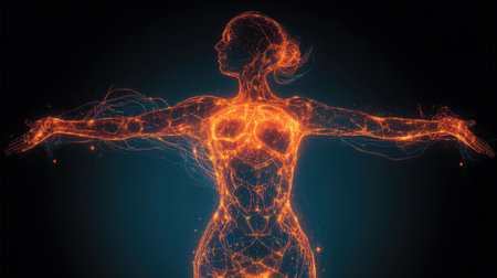 A visually striking digital artwork depicting a human form composed of interconnected glowing orange lines and particles against a dark blue background.の素材