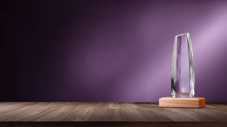 A modern clear glass trophy with a wooden base sits on a rustic wooden table against a smoky purple background with a spotlight.の素材