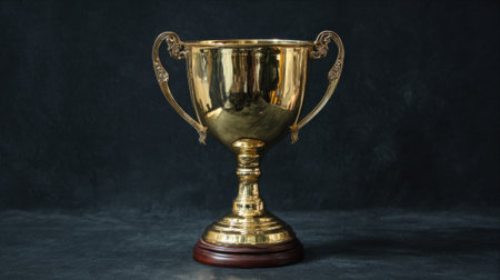 A close-up shot of a shiny golden trophy with ornate handles, resting on a dark, textured background, symbolizing achievement and victory.の素材