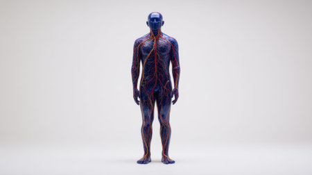 A full body anatomical model displaying the intricate network of the human circulatory system and internal organs against a clean white background.の素材