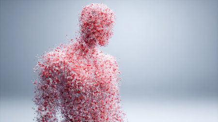 A human-shaped figure made of delicate pink petals, appearing to dissolve or form, set against a smooth, gradient gray backdrop.の素材