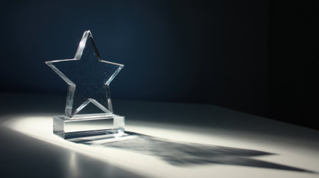 A single clear glass star trophy sits on a surface, illuminated by a spotlight that casts a long, dramatic shadow.の素材