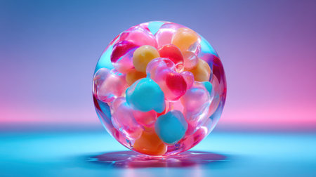 A translucent sphere filled with vibrant, colorful gummy candies and small bubbles, set against a gradient background of pink and blue.の素材