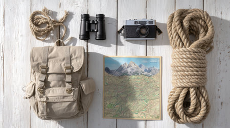 A collection of essential adventure travel gear, including a backpack, binoculars, map, camera, and rope, arranged neatly on a rustic wooden background.の素材