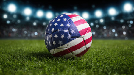 A close-up of a soccer ball with the American flag design resting on a vibrant green grass field, illuminated by bright stadium lights in the background.の素材
