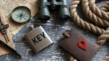 A collection of vintage exploration items including a compass, binoculars, rope, and a flask, suggesting a journey or quest.の素材