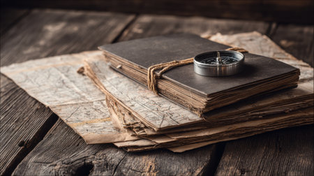 A vintage compass rests atop a stack of aged maps, laid out on a weathered wooden surface, evoking a sense of adventure and exploration.の素材