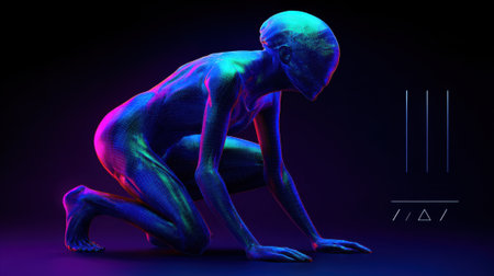 A humanoid alien figure illuminated by vibrant pink and blue neon lights, crouching low on a dark surface.の素材