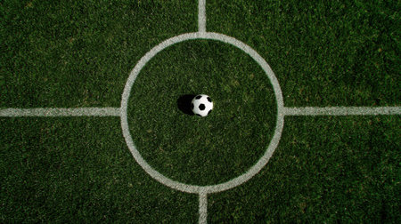 A soccer ball rests on the center circle of a well-maintained grass field, viewed from directly above.の素材