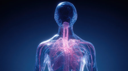 A detailed anatomical visualization of the human bodys internal systems, highlighting the intricate network of blood vessels and airways.の素材