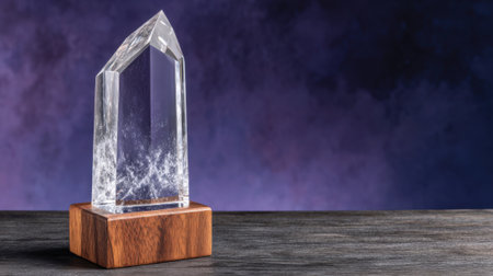 A clear crystal trophy with intricate details stands on a rustic wooden base, set against a textured purple backdrop.の素材