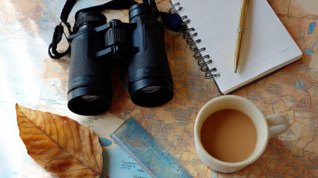 A close-up view of binoculars, a notebook, a pencil, a cup of coffee, and a fallen leaf arranged on a map, suggesting travel and outdoor adventure.の素材
