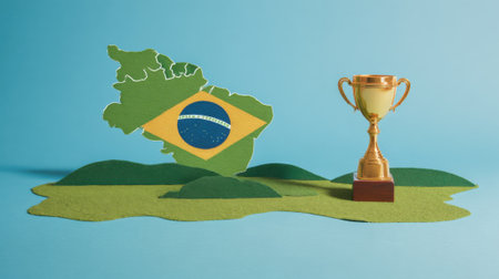 A conceptual image representing Brazils victory or achievement, featuring a map of Brazil with its flag and a golden trophy.の素材
