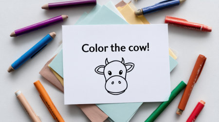 A simple line drawing of a cows face on a card, surrounded by colorful crayons and pencils, ready for coloring.の素材