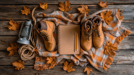 A top-down view of hiking boots, a notebook, pencils, a lantern, and a plaid blanket surrounded by fallen autumn leaves on a rustic wooden surface.の素材