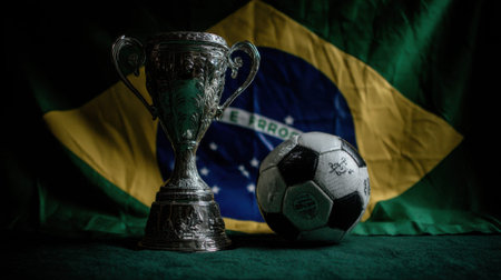 A silver trophy and a soccer ball are placed in front of the Brazilian flag, symbolizing football success and national pride.の素材