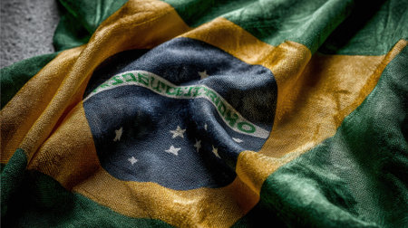 A detailed, close-up view of the Brazilian flag, showcasing its vibrant colors and the texture of the fabric.の素材