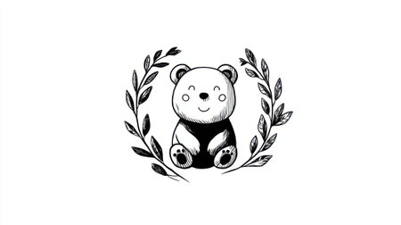 A charming black and white illustration of a baby panda sitting within a wreath of leaves, perfect for childrens themes.の素材