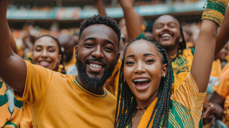 A happy Black couple with arms raised in excitement at a sports game, wearing yellow and green team colors.の素材