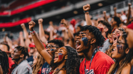 A diverse group of young fans with painted faces enthusiastically cheering and celebrating at a sporting event.の素材