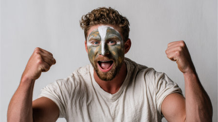 A man with face paint in a cheering pose, expressing excitement and support for a team or event.の素材