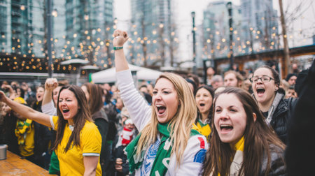 A diverse group of enthusiastic fans, mostly women, wearing team colors and scarves, cheer loudly at an outdoor sporting event.の素材
