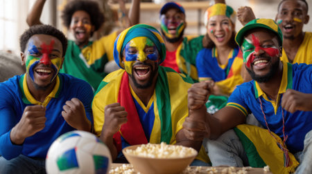 A group of diverse football fans, faces painted in vibrant colors, cheer enthusiastically while watching a game, with a soccer ball and popcorn nearby.の素材