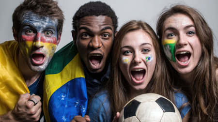 A diverse group of young adults with painted faces and flags enthusiastically cheering for a soccer match, holding a soccer ball.の素材