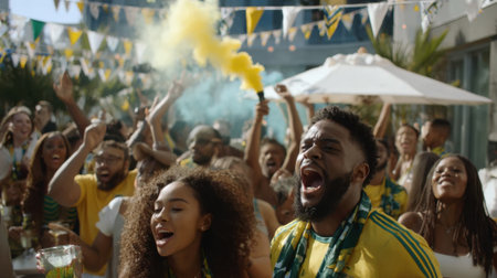 A jubilant crowd of people of diverse ethnicities cheering enthusiastically, with one person holding a bright yellow smoke bomb, celebrating a momentous occasion outdoors.の素材