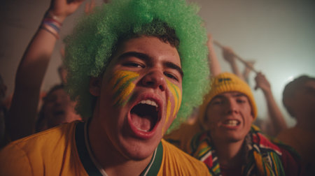 Close-up of passionate Brazilian football fans cheering loudly, wearing face paint and green wigs, embodying the spirit of the game.の素材