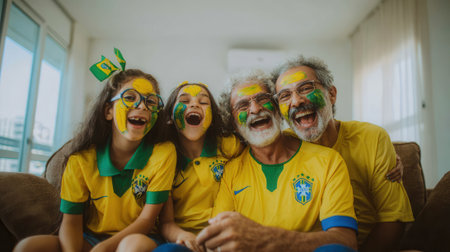A happy Brazilian family, including parents and children, with painted faces and jerseys, enthusiastically cheering for a sports team.の素材