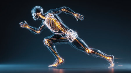 A translucent human skeleton in a running pose, highlighting bones and joints with a glowing effect against a dark background.の素材