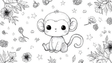 A charming black and white line art illustration of a baby monkey surrounded by floral elements, perfect for coloring.の素材