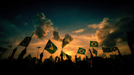 A group of people holding Brazilian flags against a vibrant sunset sky with dramatic clouds.の素材