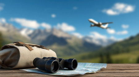 Binoculars and a backpack rest on a map with a scenic mountain landscape and airplane in the background, symbolizing adventure and travel.の素材