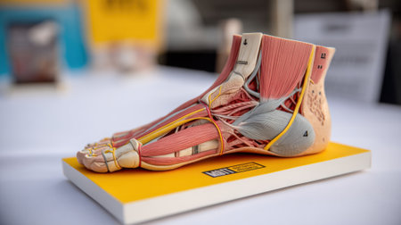 Detailed anatomical model of a human foot, illustrating muscles, tendons, ligaments, and bones for educational purposes.の素材