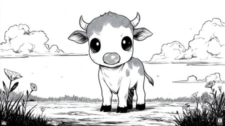 A charming black and white sketch of a baby cow with large eyes, standing in a grassy field with flowers and a cloudy sky.の素材