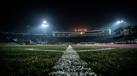 A wide-angle view of an empty football stadium at night, illuminated by powerful floodlights, showcasing the green pitch and empty stands.の素材