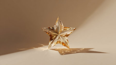 A single golden star ornament casts a long, dramatic shadow on a softly lit, neutral surface, creating a minimalist and elegant composition.の素材