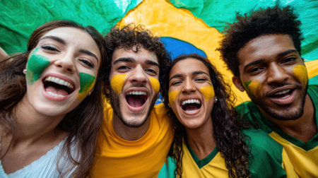 A group of four diverse young adults joyfully celebrating, their faces painted with the colors of the Brazilian flag.の素材