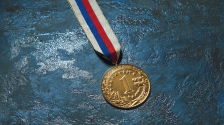 A single gold medal hangs from a red white and blue ribbon on a dark textured surface.の素材