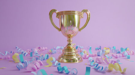 A shiny golden trophy stands proudly amidst a scattering of vibrant, pastel-colored confetti, set against a soft purple backdrop, symbolizing achievement and celebration.の素材