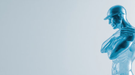 A translucent blue robot with a baseball cap, arms crossed, against a light blue background. Futuristic, technological, and modern.の素材