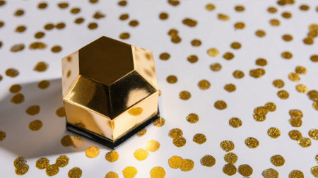 A striking golden geometric object rests on a white surface, adorned with scattered golden confetti, creating a festive and luxurious atmosphere.の素材