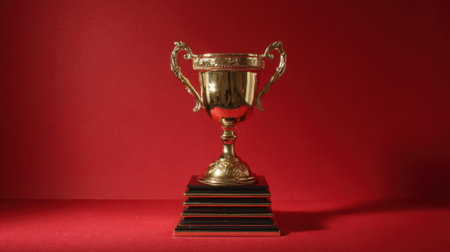 A gleaming golden trophy stands proudly on a vibrant red surface, symbolizing achievement and victory.の素材