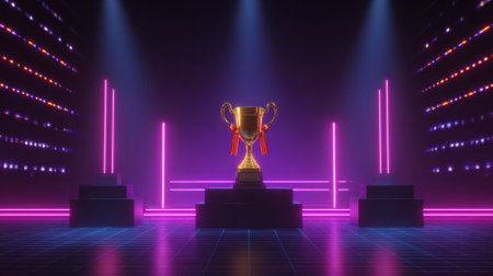 A golden trophy stands on a dark podium, illuminated by vibrant neon lights and stage spotlights, creating a dramatic and celebratory atmosphere.の素材
